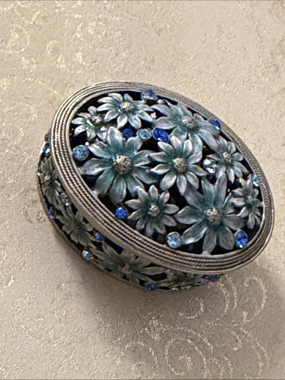 Two's Company Antique Goldtone Small Oval Blue Floral Metal Trinket Box
